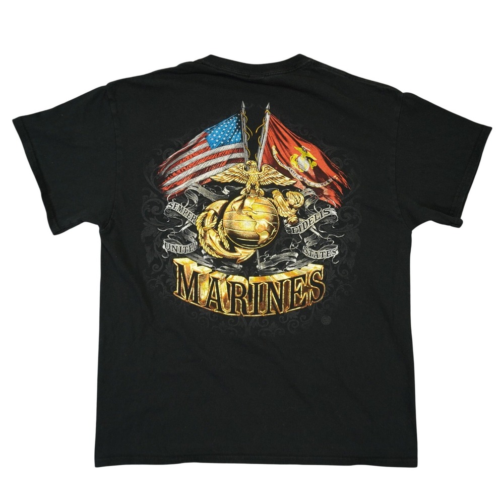 US Marines Semper Fidelis Graphic Short Sleeve Gildan T-Shirt Mens L Black Gold